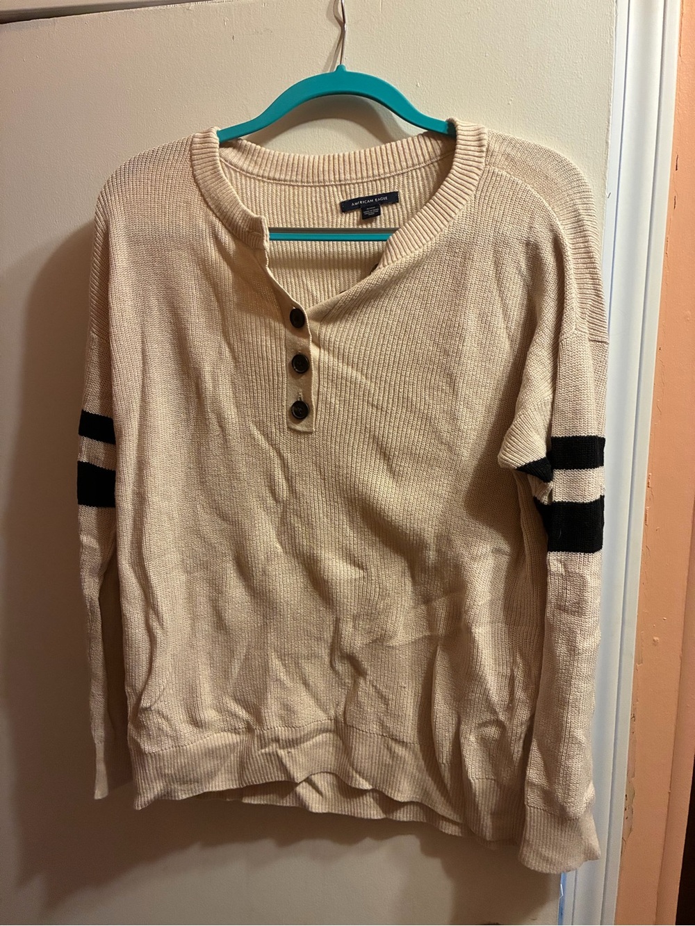 Women’s American Eagle Cream Henley Crewneck Sweater with Black Sleeve Stripes